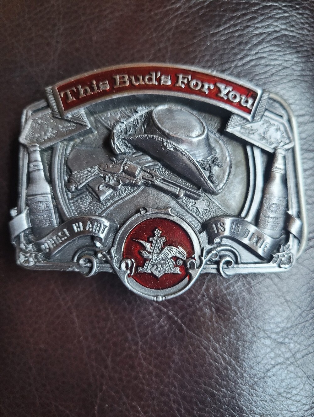 1988 This Bud's For You Decorative Belt Buckle - Silver with Red Accents